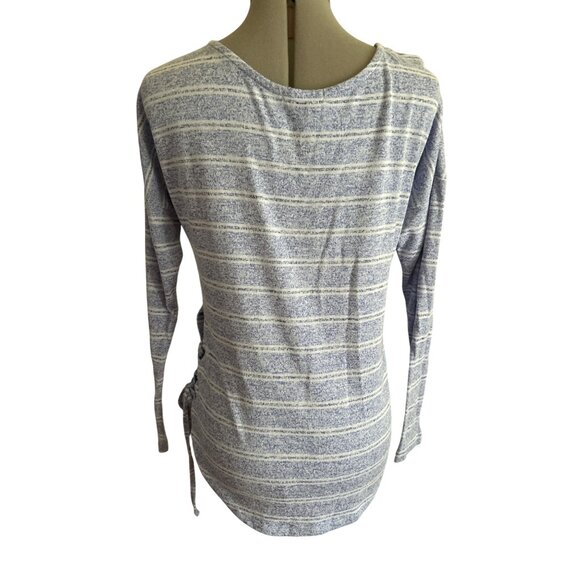 Crochet Womens S Blue Striped Long Sleeve Knit Sweater With Side Tie Accent - Picture 3 of 8